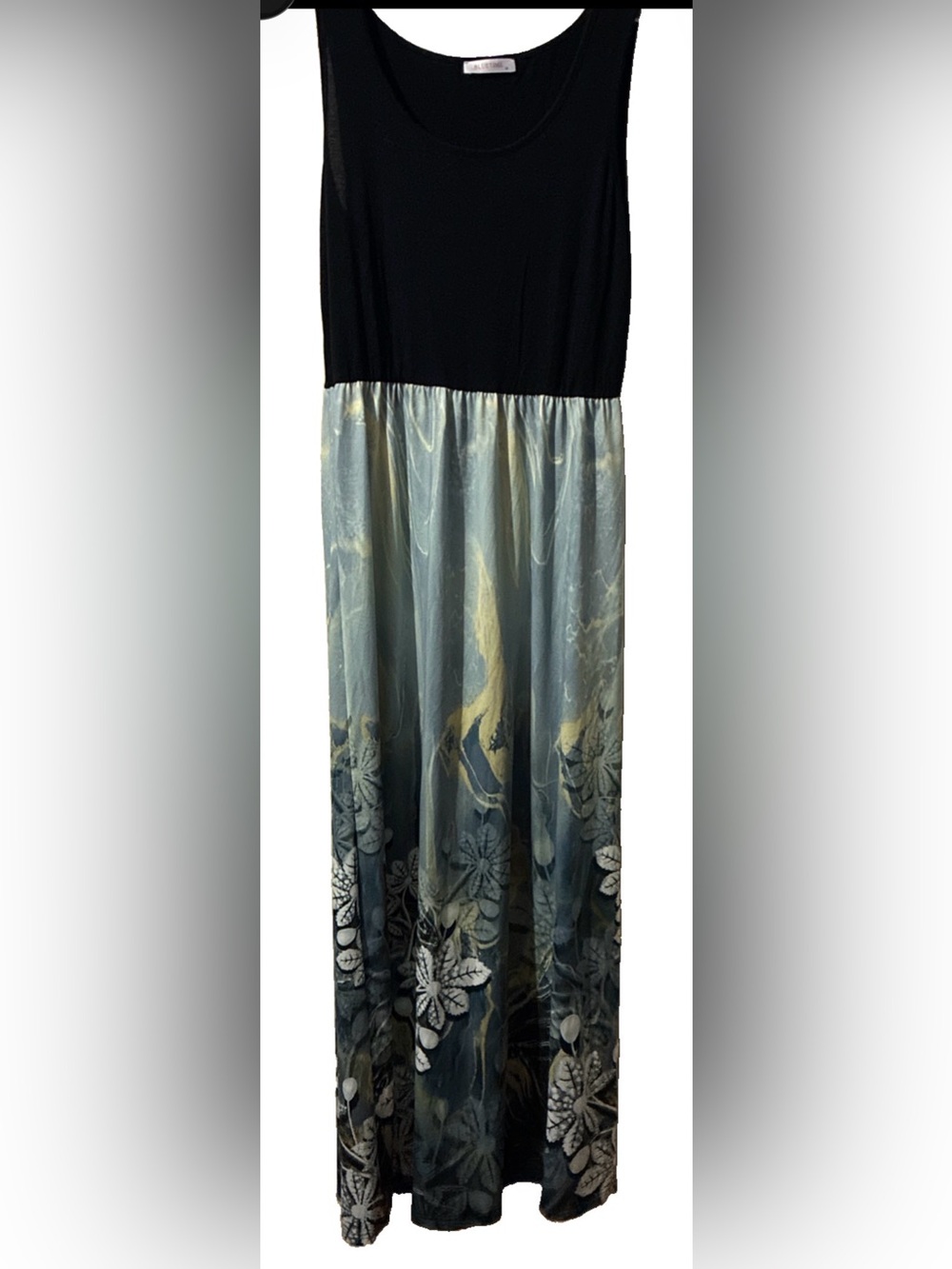 Bluetime Sleeveless Colorblock Maxi Empire Dress - Black & Blue Floral Sz M EUC
